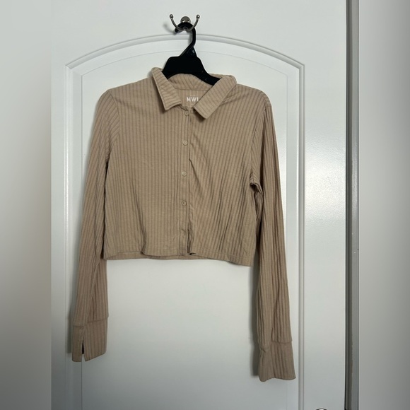 Madewell Brushed Rib Cropped Tan Ribbed Button-Up Top Cardigan Sweater size M - Picture 9 of 10